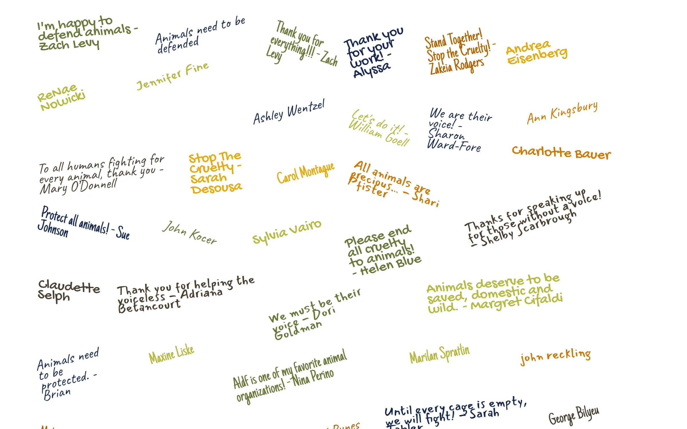 Supporter messages on Animal Legal Defense Fund's 2026 Honor Roll Wall giving wall.