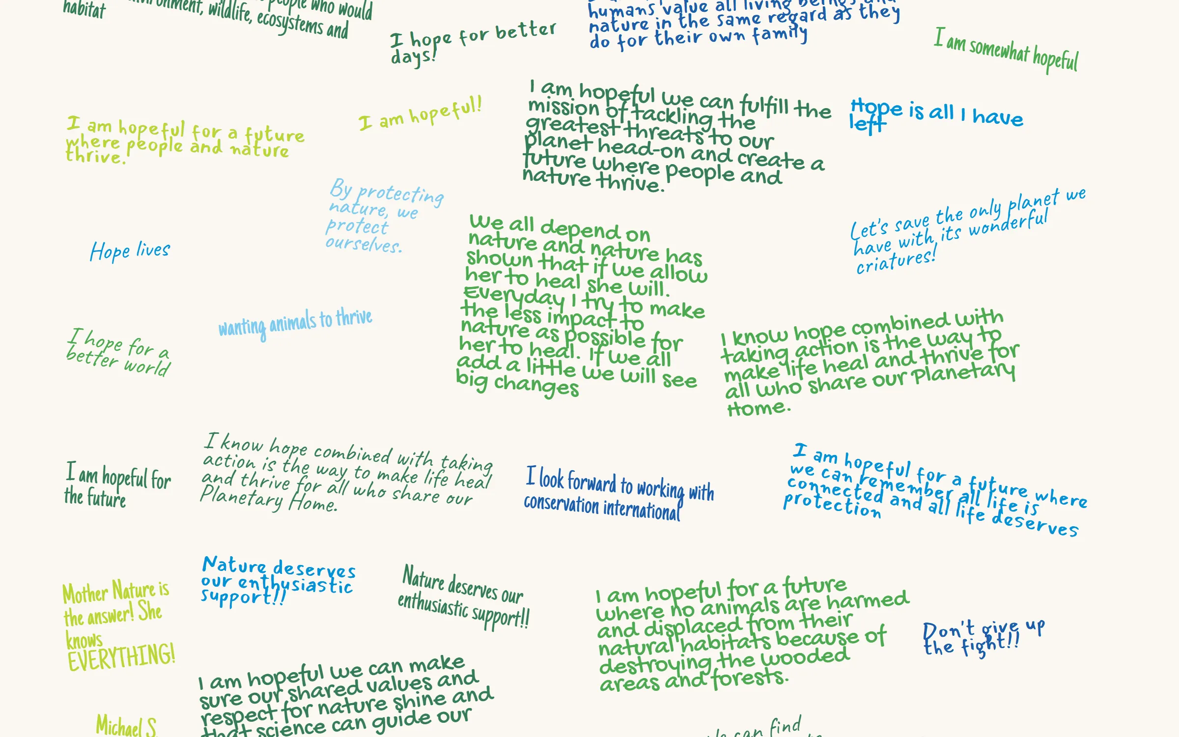 Supporter messages on Conservation International's 2026 Hope Wall giving wall.