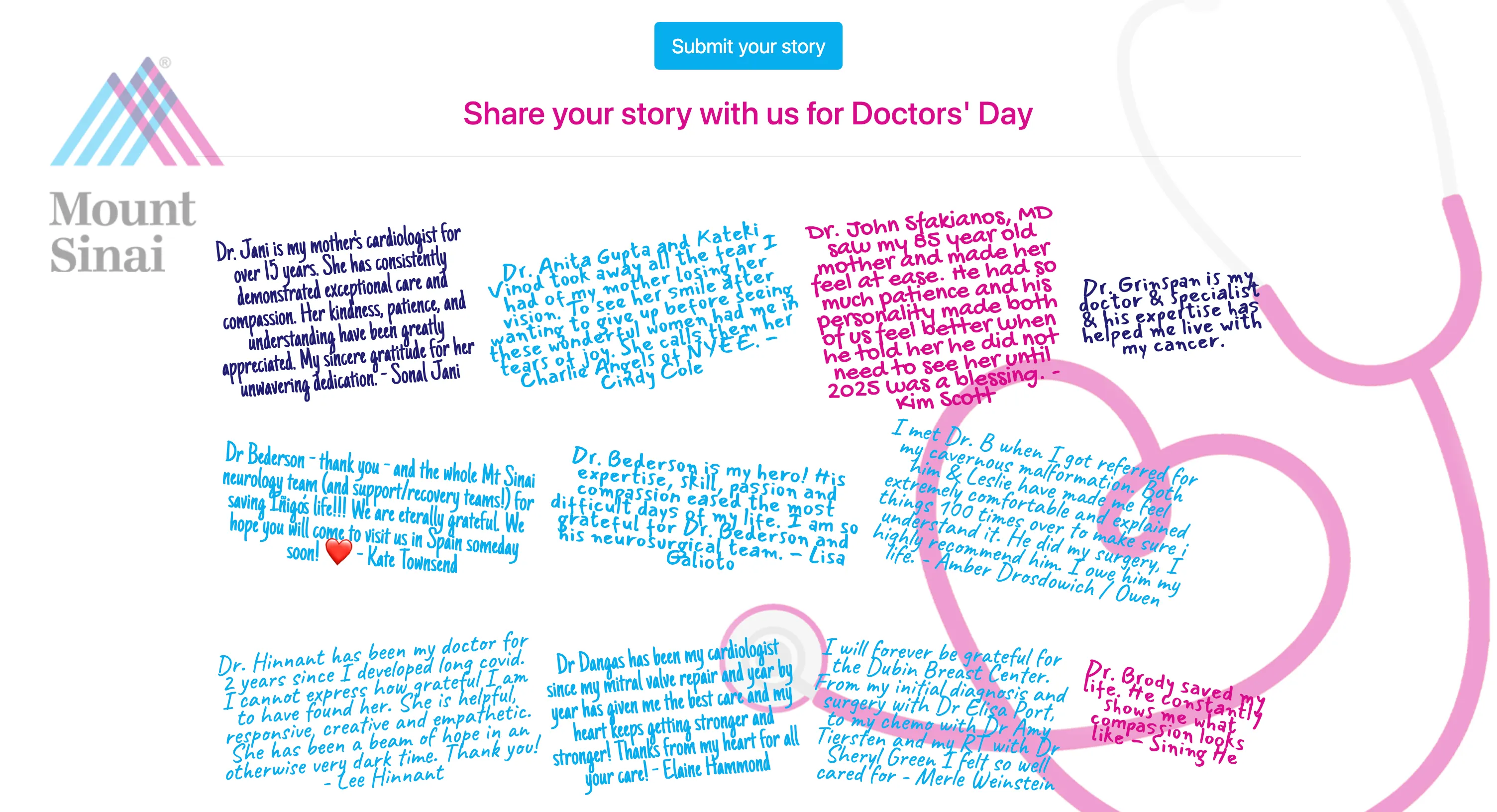 A live Giving Wall for Mount Sinai’s Doctors’ Day campaign, covered in handwritten thank-you notes from patients.