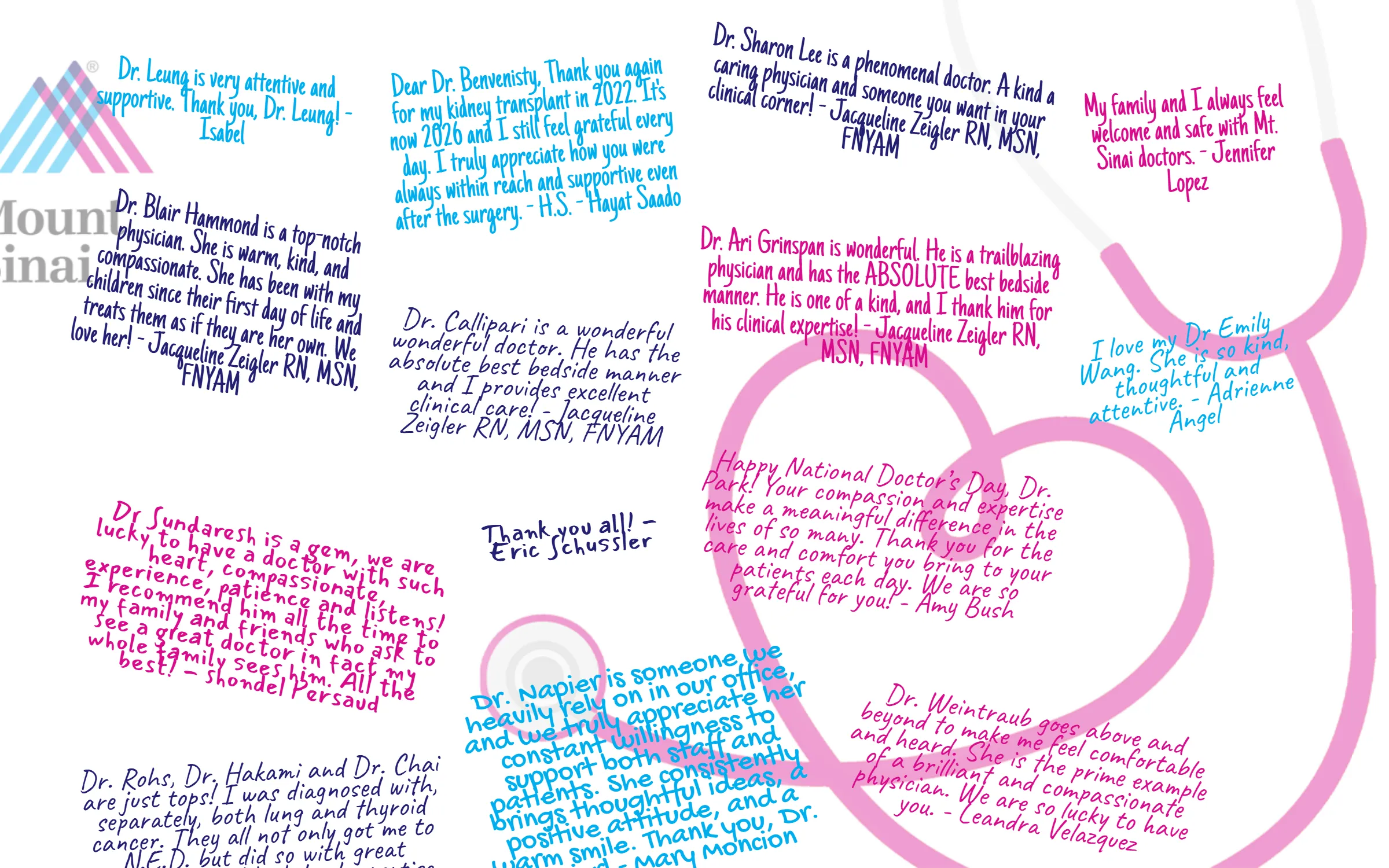 Supporter messages on Mount Sinai Health Network's 2026 Doctors Day giving wall.