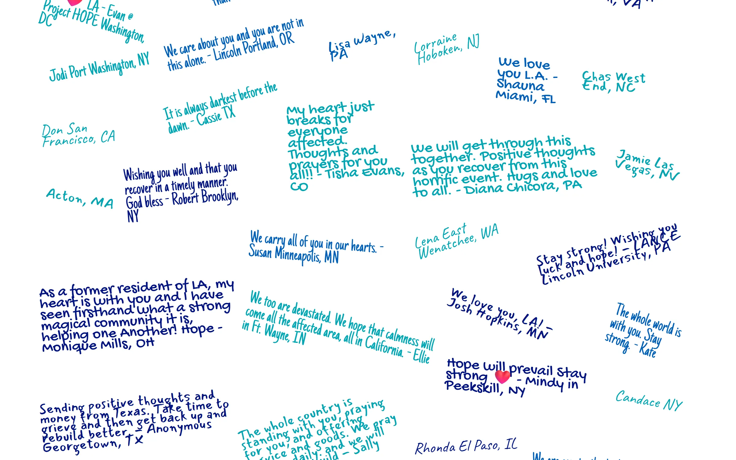 Supporter messages on Project HOPE's 2025 LA Message of Hope giving wall.