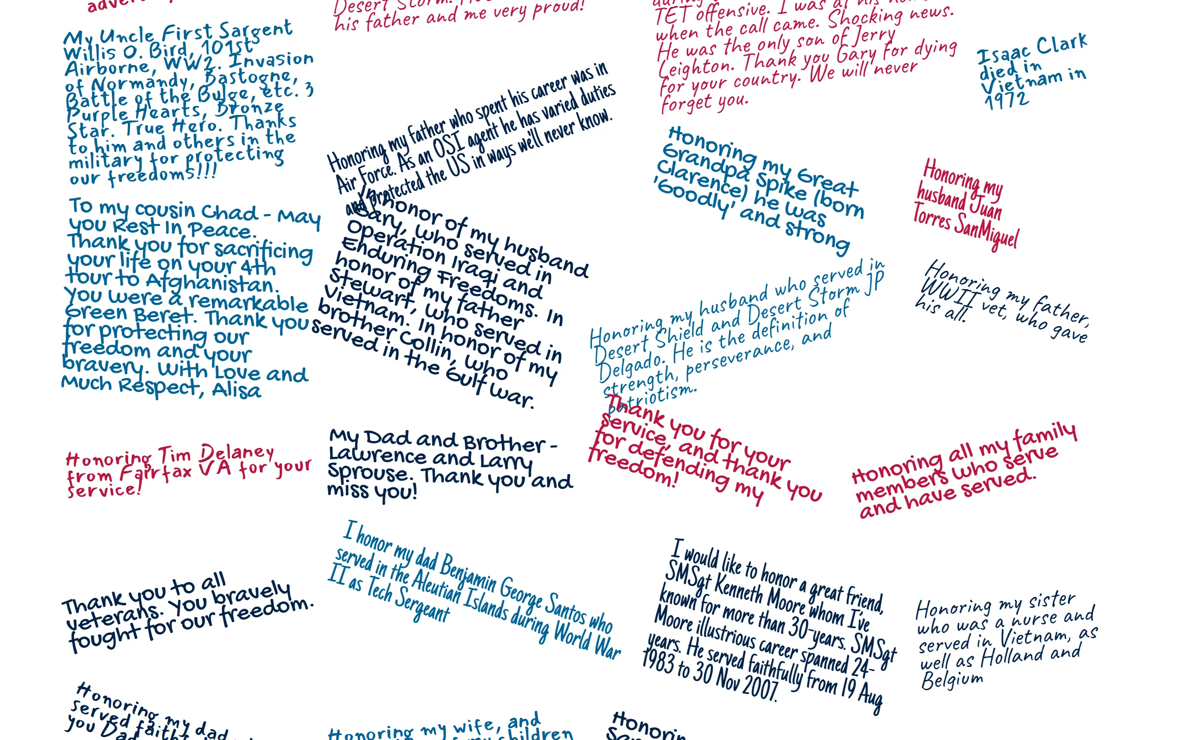 Supporter messages on USO's 2025 Memorial Day and 2025 Veterans Day giving wall.